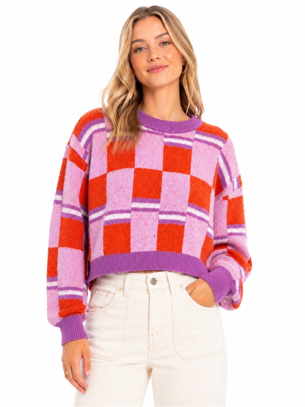 THML Cropped Plaid Sweater Pink Orange Lavender Preppy Cozy Knit XS NWT